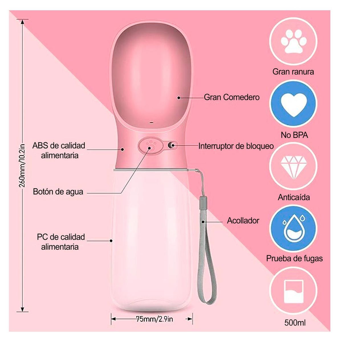 GENERICO - Botella de Agua Portátil para Mascota - Rosado