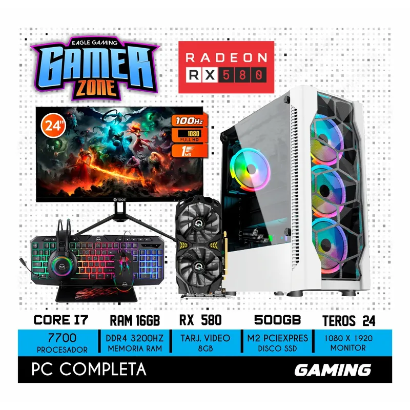 INTEL - Computadora PC GAMER Core I7 7700 Ram 16GB + SSD 500GB + RX 580 8GB + MONITOR 24