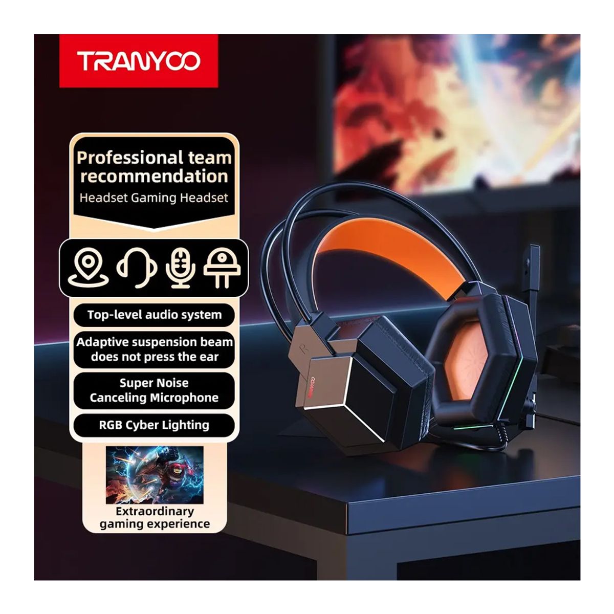 TRANYOO - Audífonos Para PC Gamer con Luz LED RGB + Micrófono Tranyoo T-H4