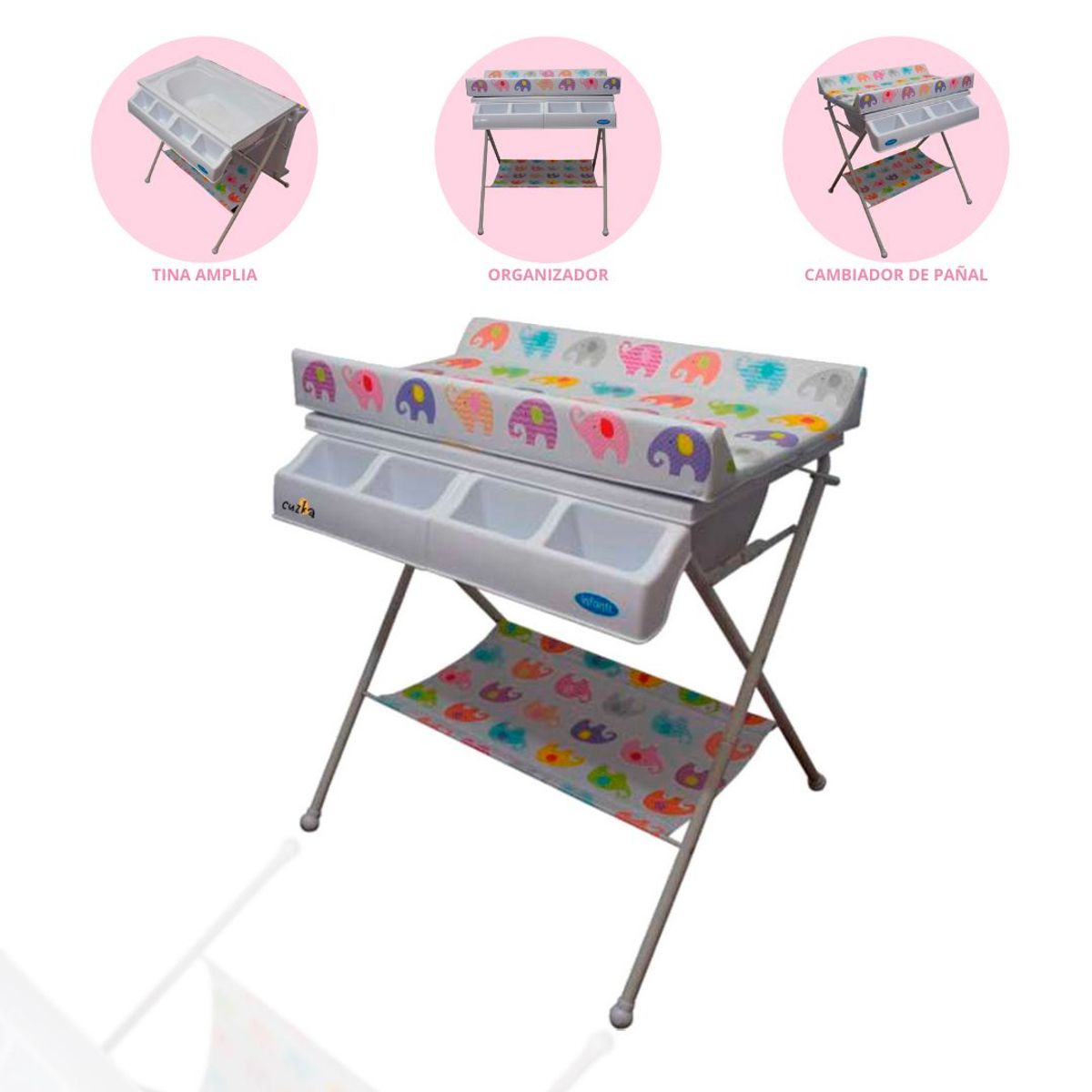 INFANTI - Bañera Cambiador Plegable 2 Pisos «ELEPHANTS» Pink