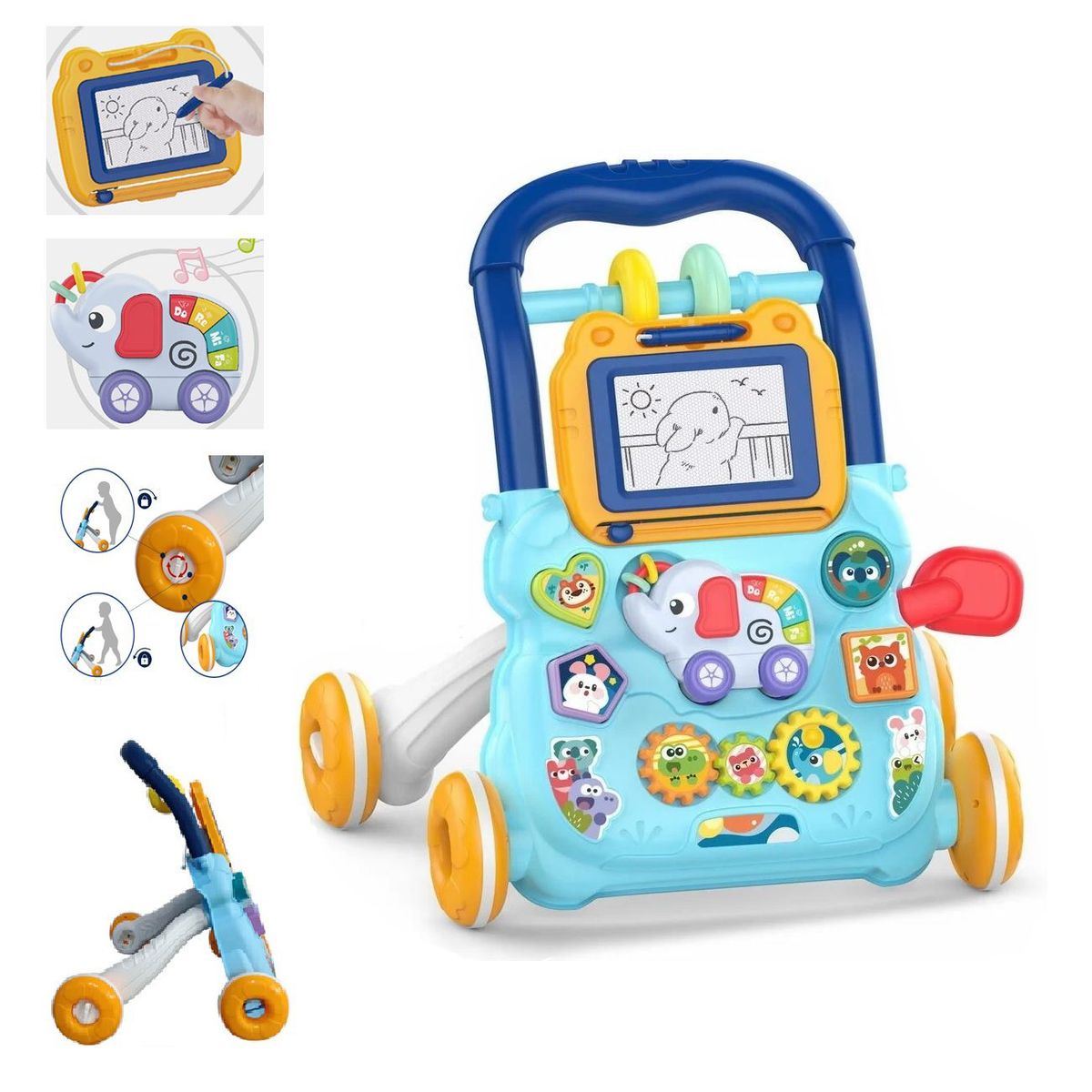 HUANGER - Caminador Musical HE0810 Elefante Azul Pizarra Mágica