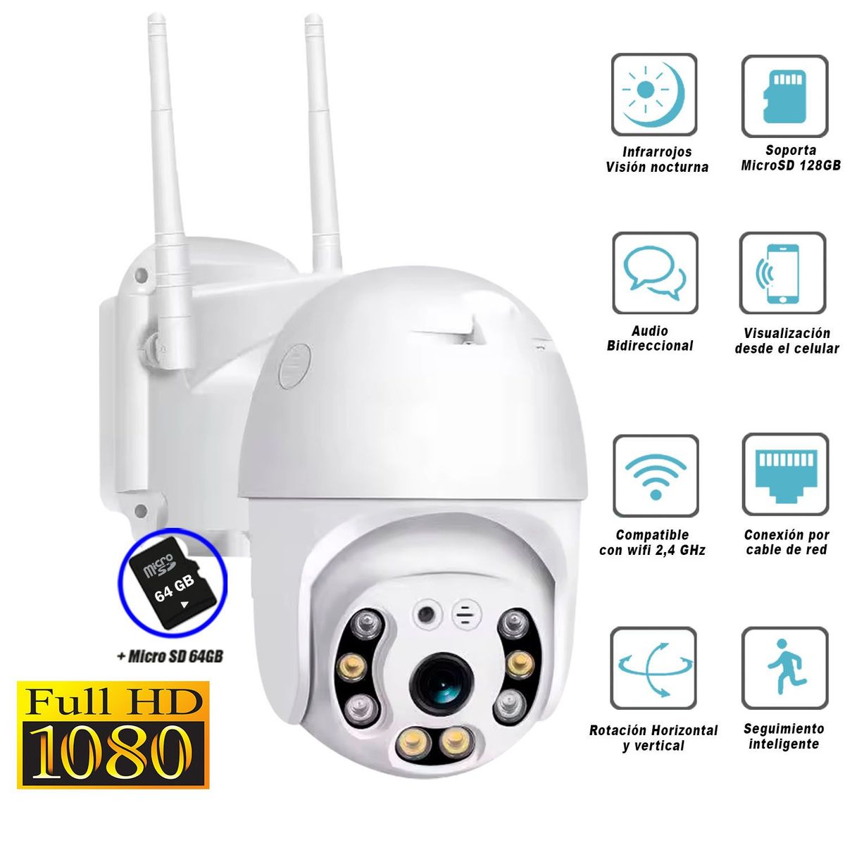 GENERICO - Cámara Seguridad Ip Wifi Domo Ptz 360º Exterior Full Hd + MicroSD 64GB