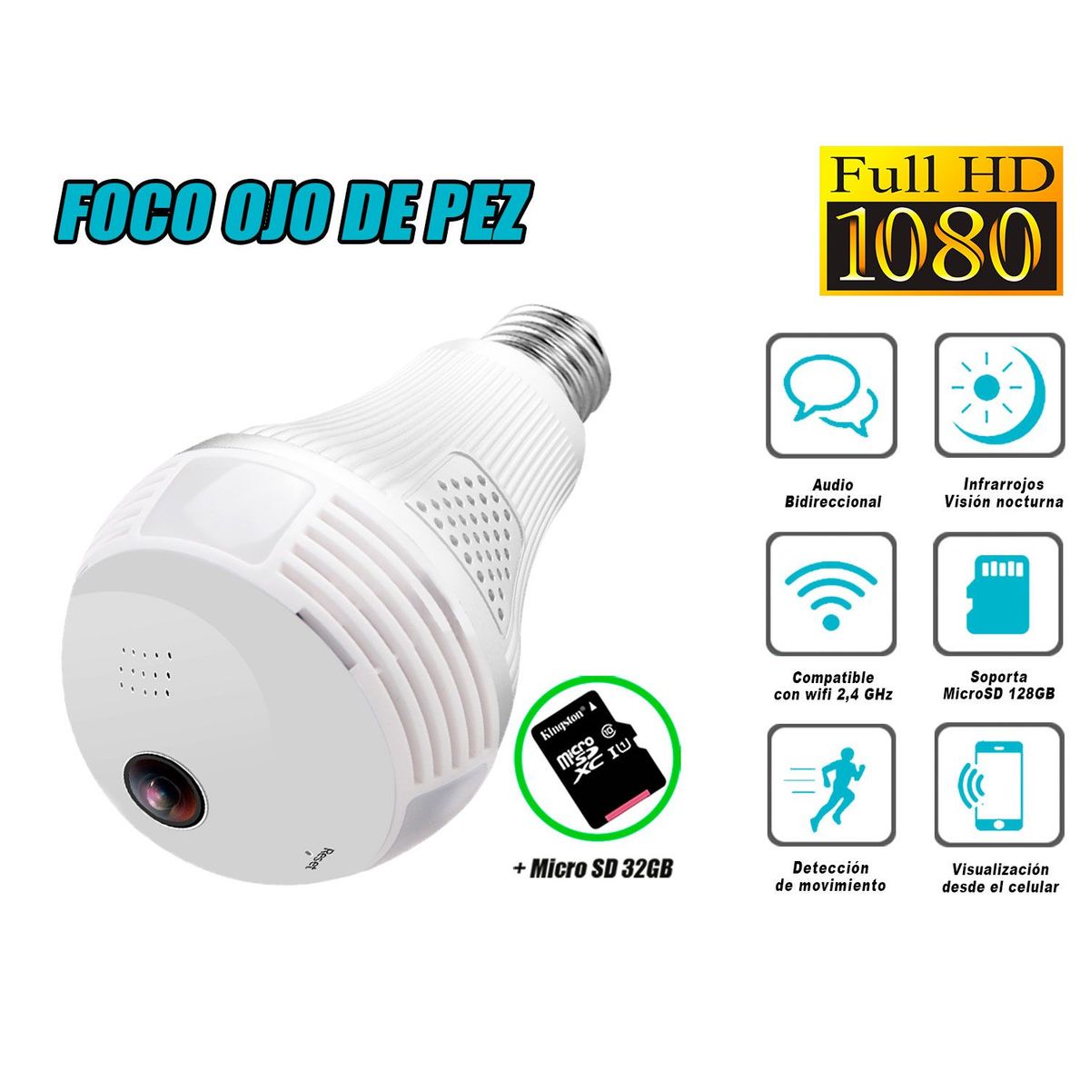 GENERICO - Cámara Seguridad Foco Ojo de Pez Inteligente Wifi + MicroSD 32GB