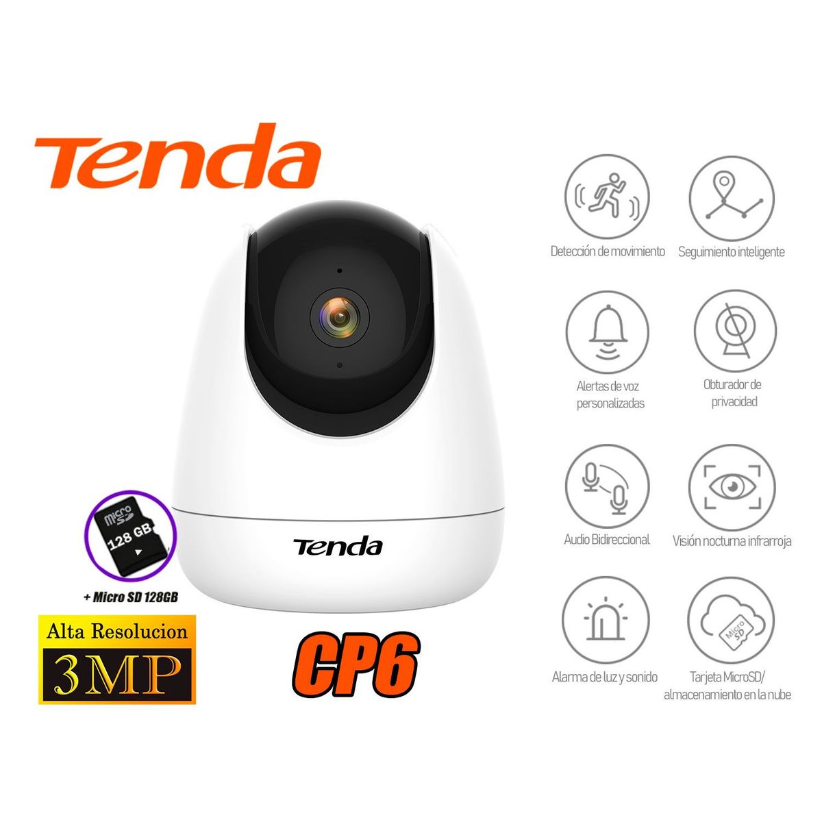 TENDA - Cámara Seguridad Wifi Interior 3MP 360º CP6 + Micro SD 128GB