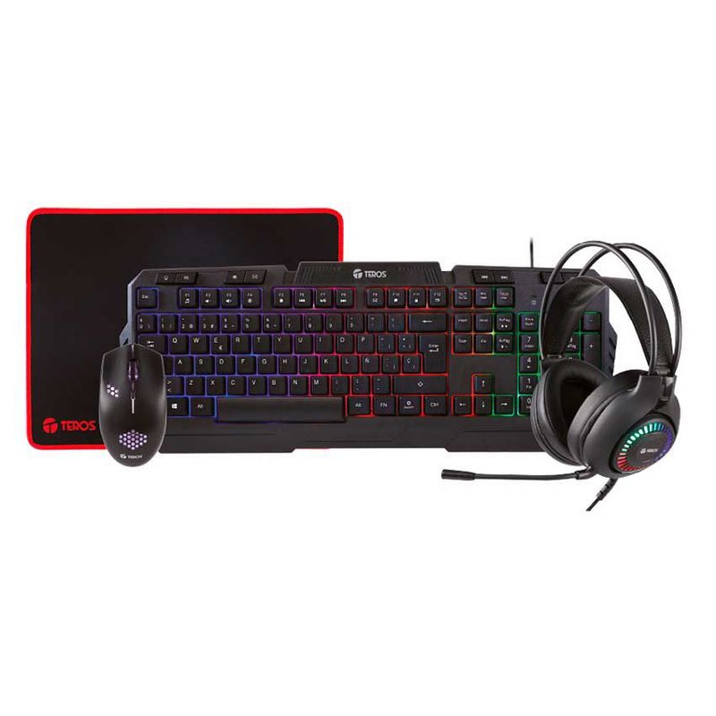 TEROS GAMING - Teros TE-4063N - Combo Gamer 4 en 1 Teclado Mouse, Headset, Mouse Pad.