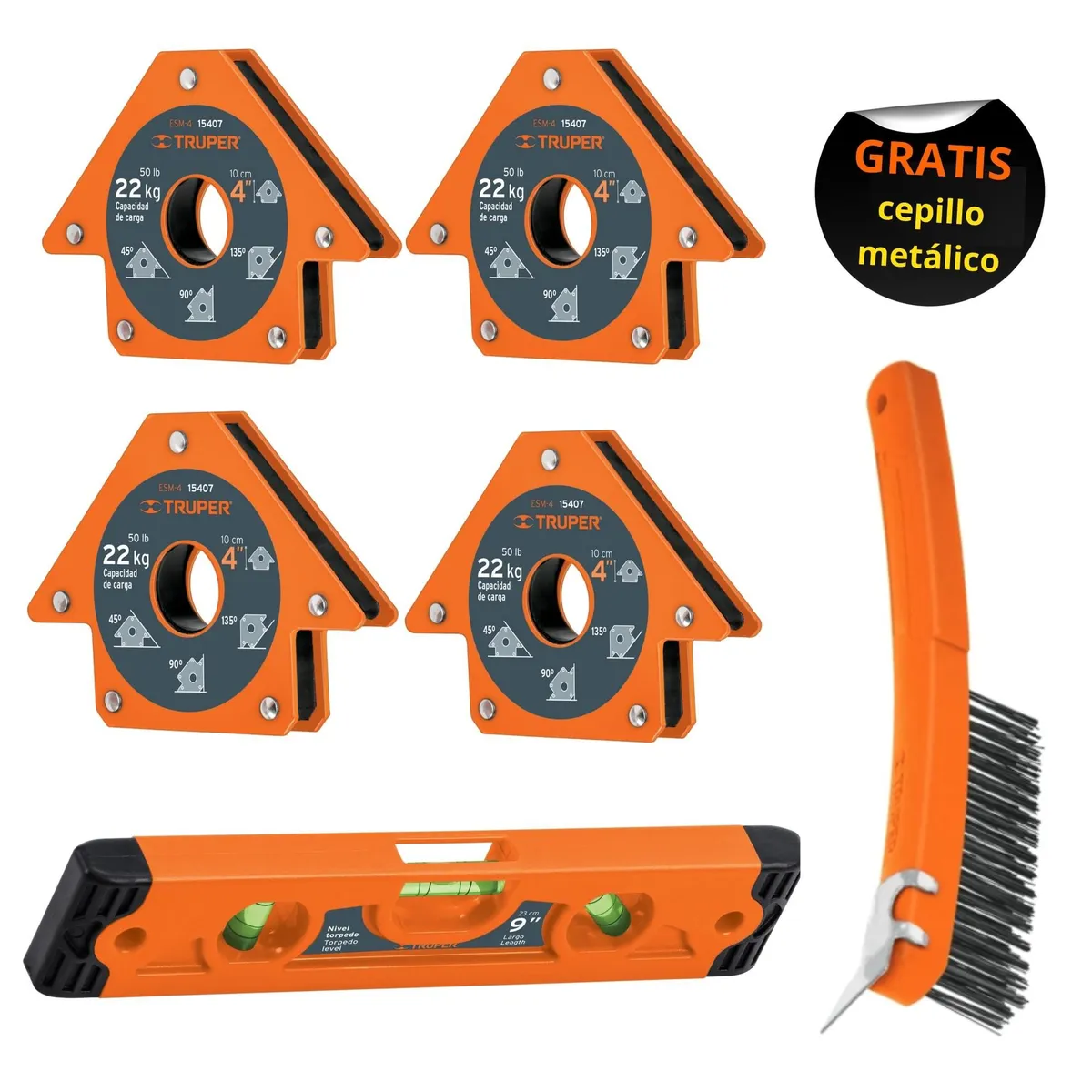TRUPER - Combo Escuadra magnética para soldar 22 Kg 4 piezas,1 nivel magnético