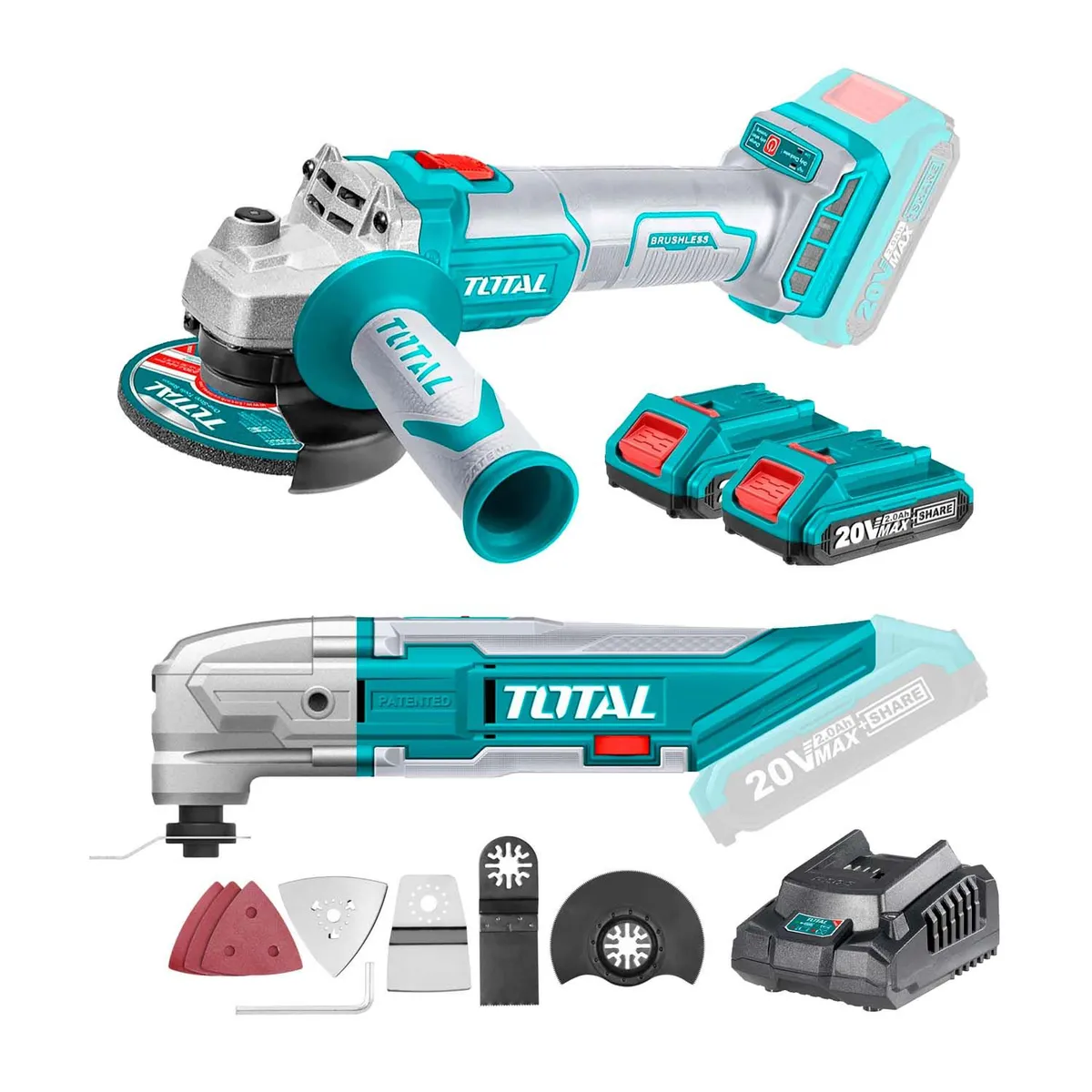 TOTAL TOOLS - COMBO AMOLADORA ESMERIL 20V MÁS MULTIFUNCIÓN OSCILANTE RENOVATOR PRO