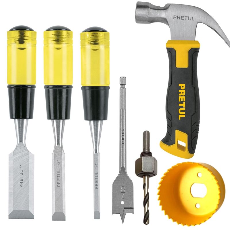 PRETUL - combo formón 3 unidades, 1martillo, copa para cerraduras, pretul