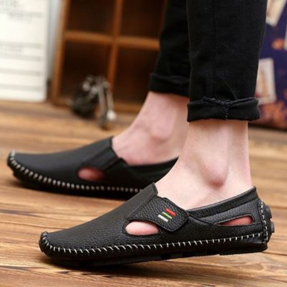 VATYERTY - Mocasines de cuero transpirables primavera verano Hombre Negro.