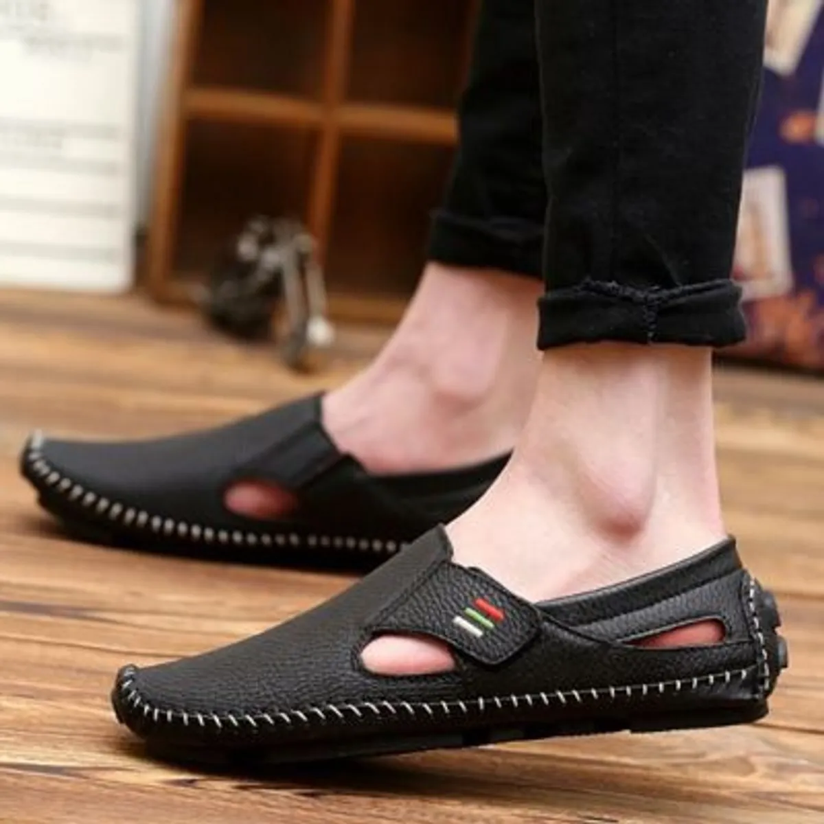 VATYERTY - Mocasines de cuero transpirables primavera verano Hombre Negro.