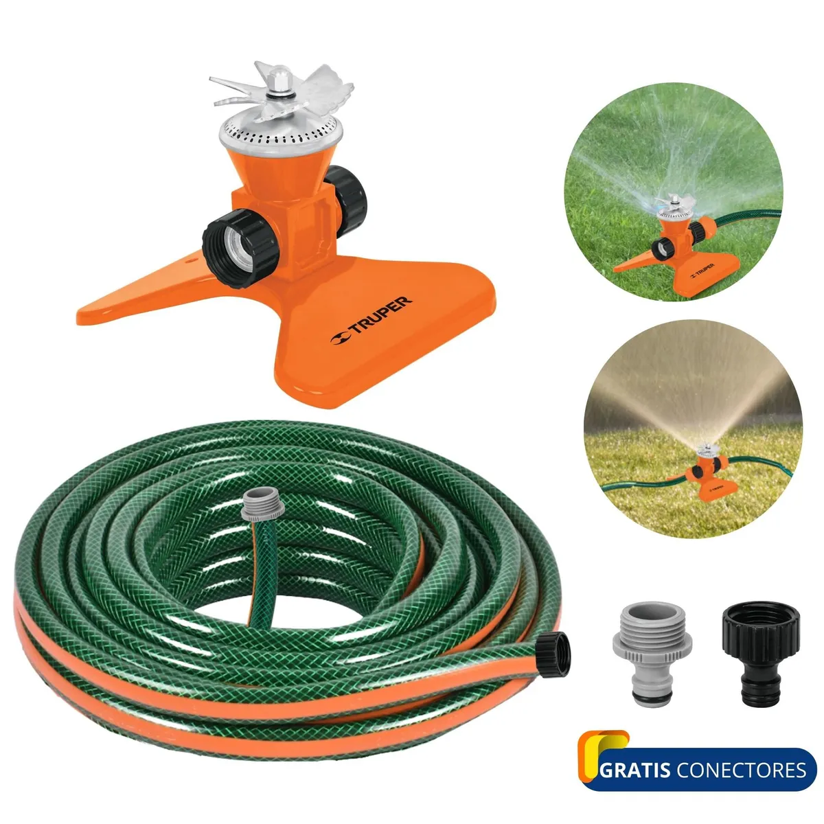 TRUPER - combo regador aspersor base acero, manguera de riego 10 metros
