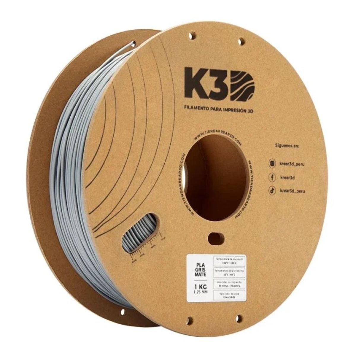 KREAR 3D - Filamento K3D PLA Gris Mate 175mm 1Kg