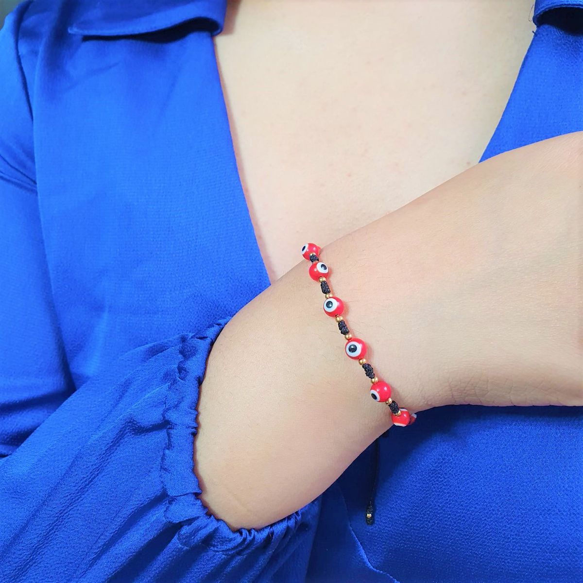 FERNANDA ROMERO JOYAS Y ACCESORIOS - Pulsera Ojo Turco Rojo  CORAJES - con Billas de Acero
