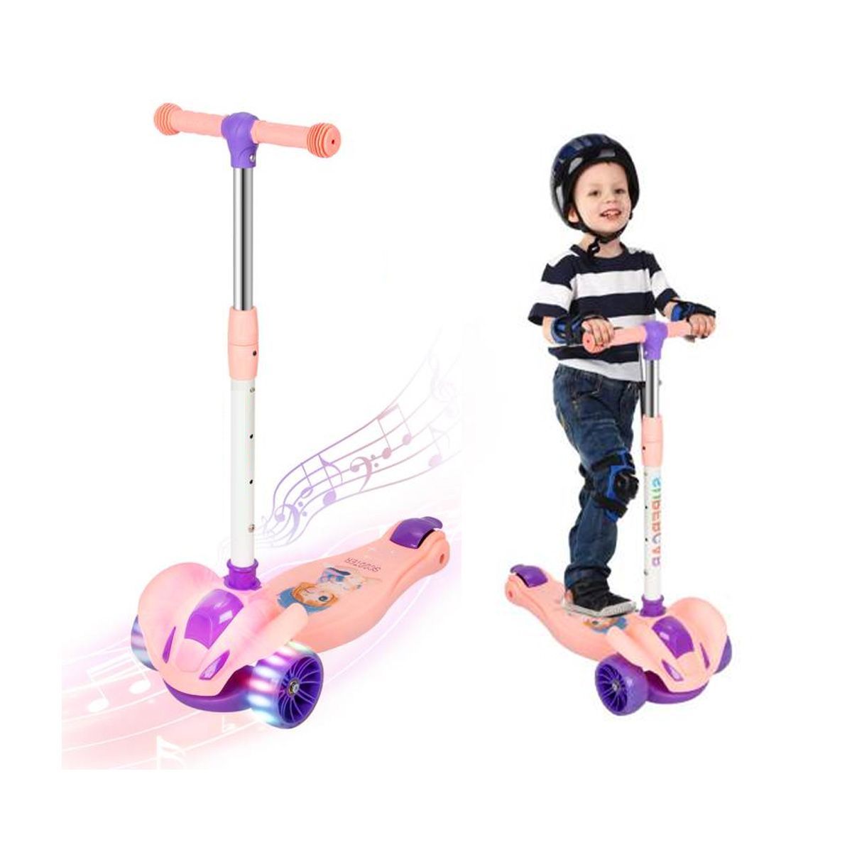 GENERICO - Scooter Infantil 2 en 1 Asiento Plegable Luces Música Rosa