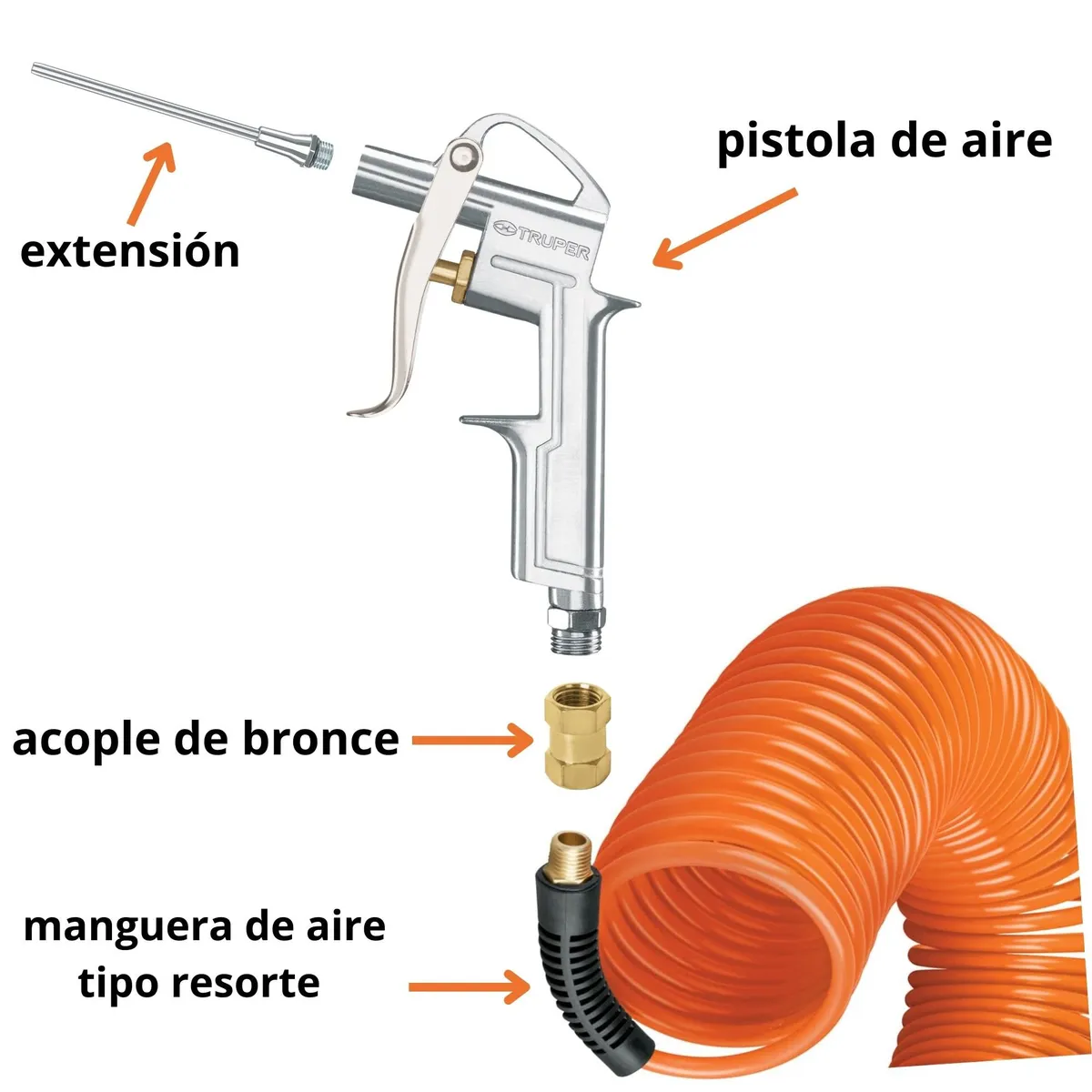Truper - kit manguera de aire tipo resorte 15m, Pistola para sopletear,  Truper