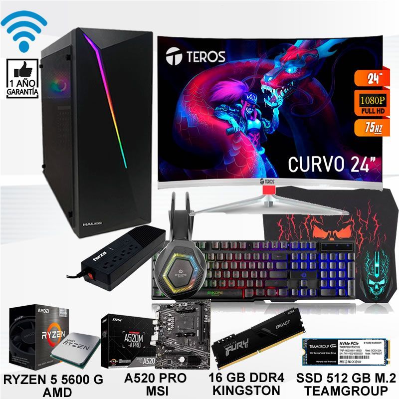Computadora ryzen 5 5600g ram 16gb ssd 512  monitor curvo 24 full hd
