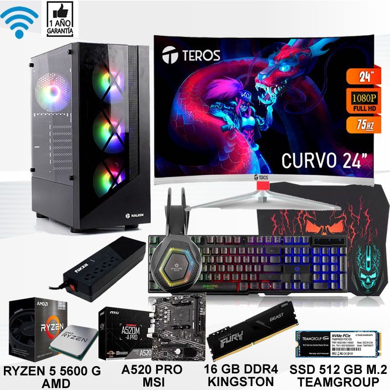 Computadora ryzen 5 5600g ram 16gb ssd 512  monitor curvo 24 full hd