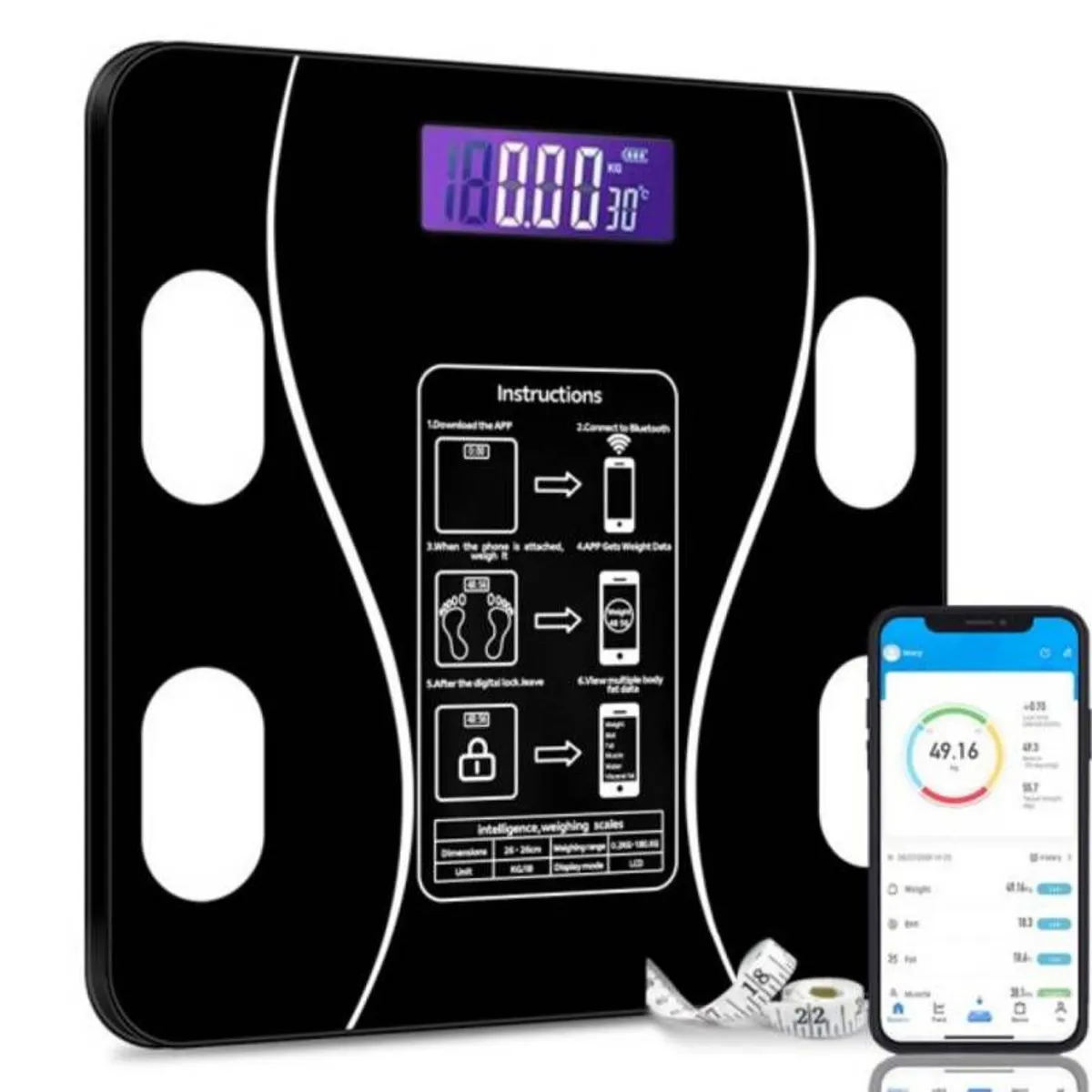 GENERICO - Balanza Digital  Bluetooth Negra Vidrio 180Kg