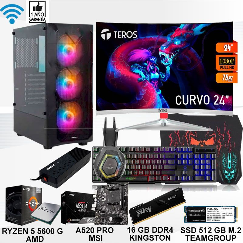 Computadora ryzen 5 5600g ram 16gb ssd 512  monitor curvo 24 full hd