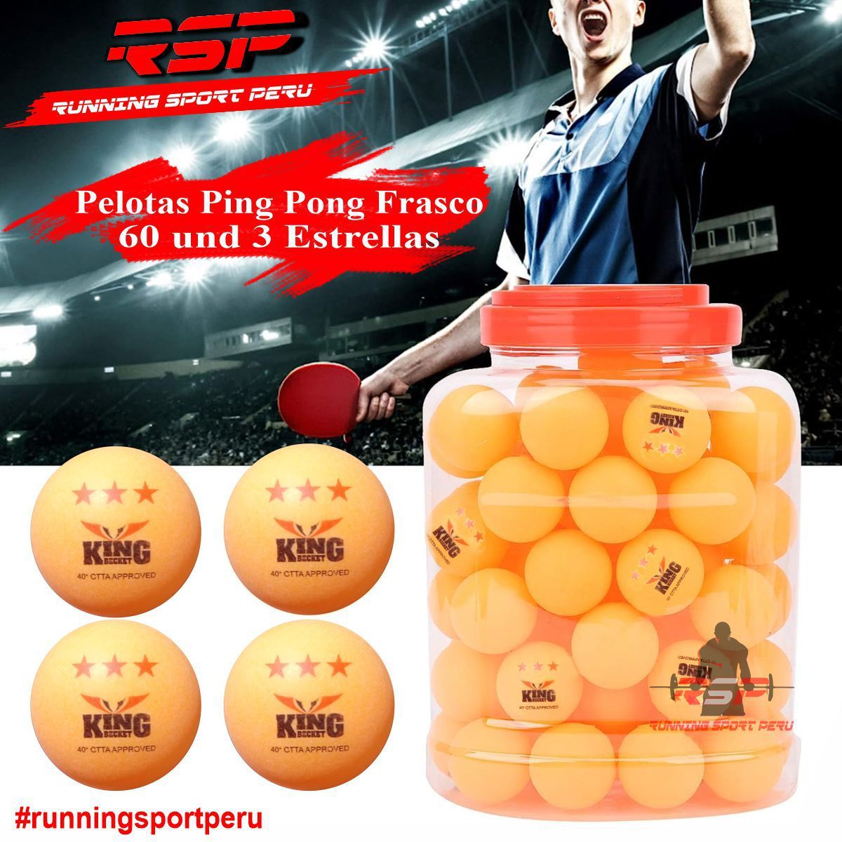 RUNNING SPORT PERU - Pelotas de Ping Pong Frasco 60 UNID – Tres Estrellas Naranja