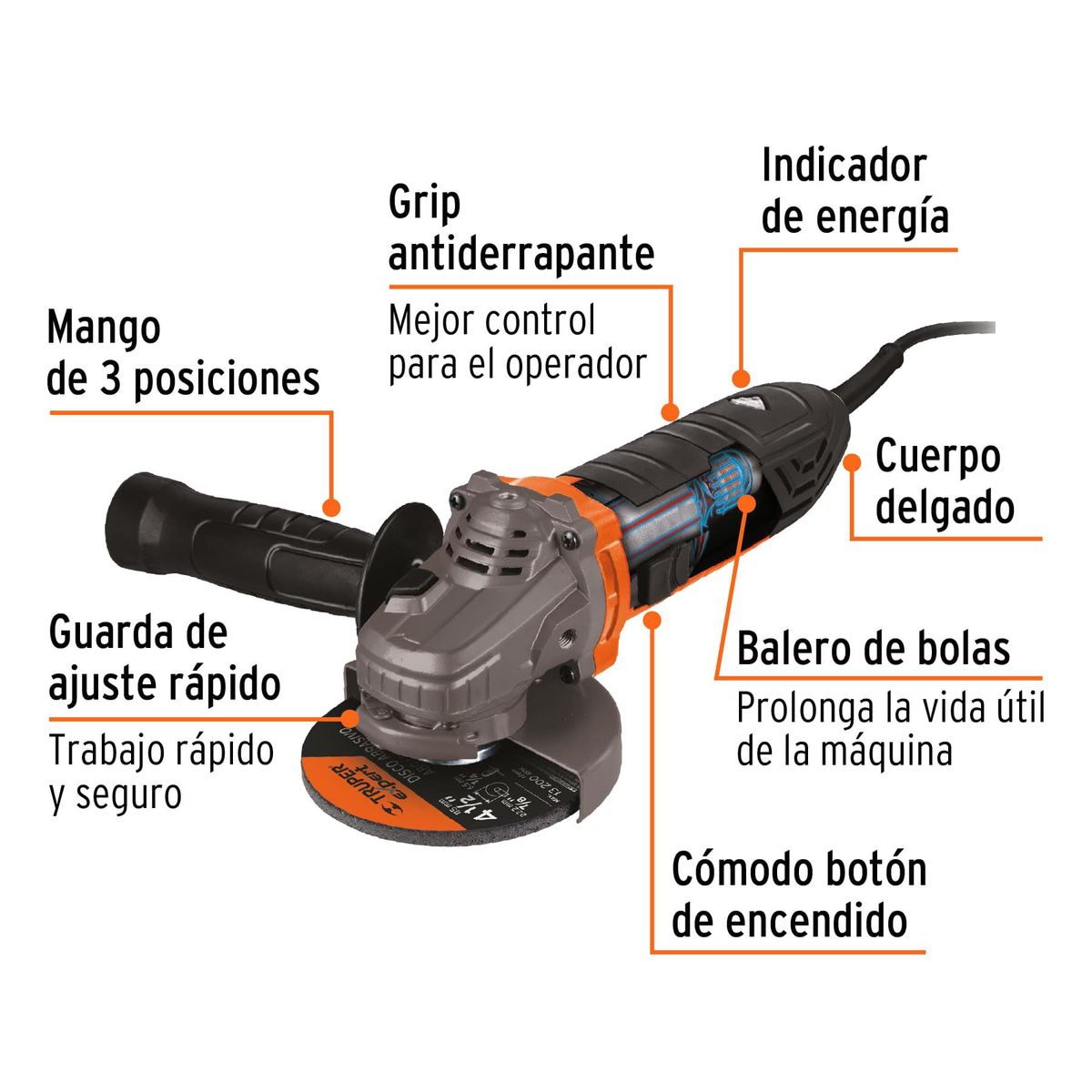 TRUPER - Esmeriladora angular 4-1/2" 850 W, ERGO-PRO, Truper