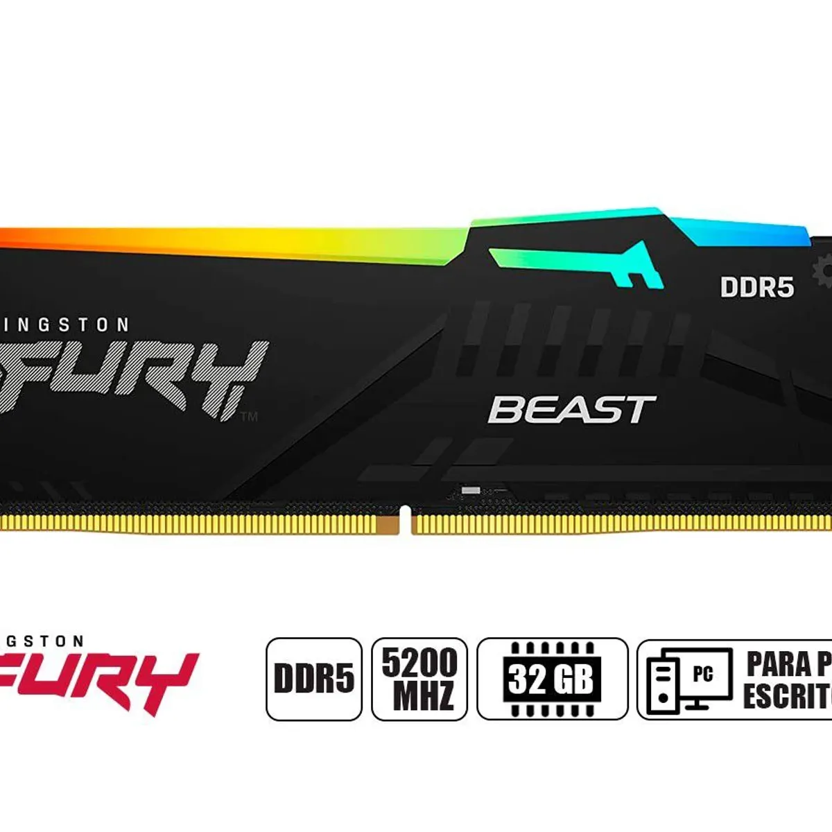 KINGSTON - Memoria RAM Kingston Fury Beast RGB 32GB DDR5 5200Mhz CL40 Negro