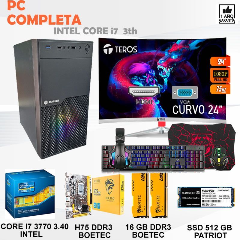 Computadora Pc Intel Core i7 3770  Monitor 24 fhd' RAM 16 GB SSD 512 GB