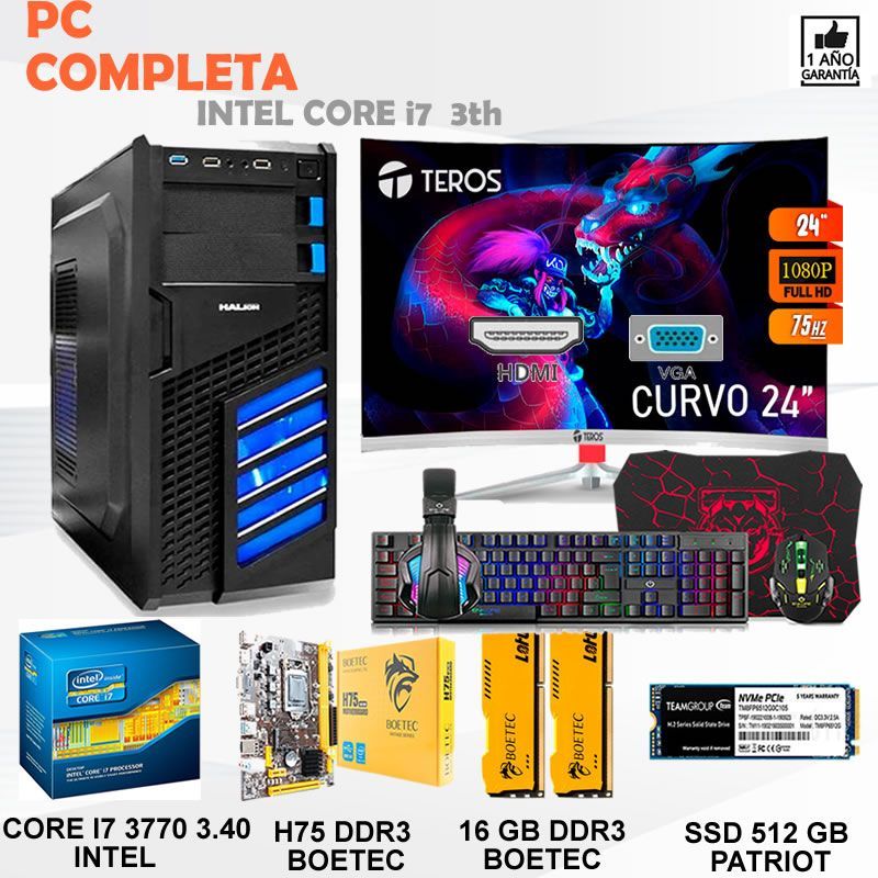 Computadora Pc Intel Core i7 3770  Monitor 24 fhd' RAM 16 GB SSD 512 GB