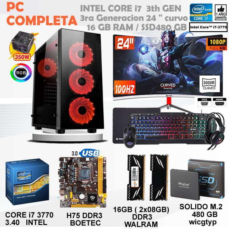 Computadora Pc Intel Core i7 3770  Monitor 24 fhd' RAM 16 GB SSD 480  GB