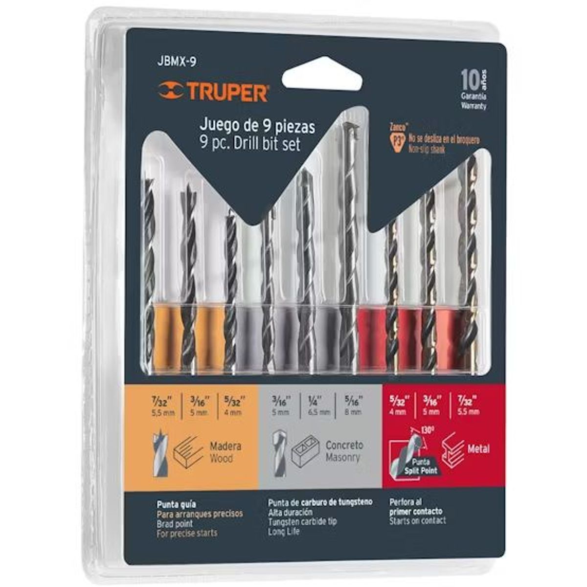 TRUPER - Juego de Brocas Metal/Madera/Concreto 9 PZAS 11339 TRUPER