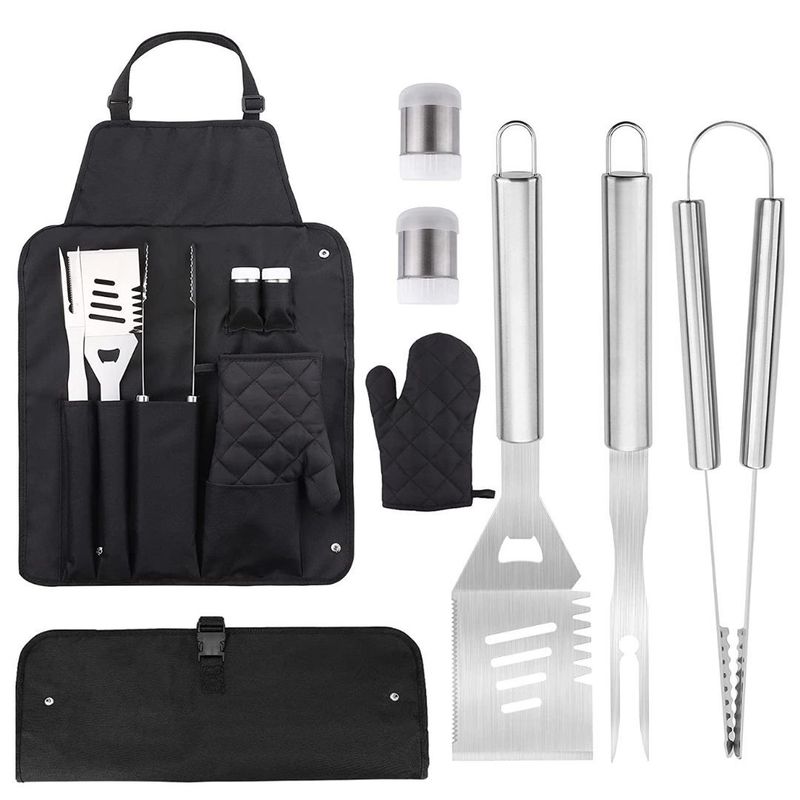 GENERICO - Set Parrillero Grande Utensilios en Acero con Mandil x 7 PC.