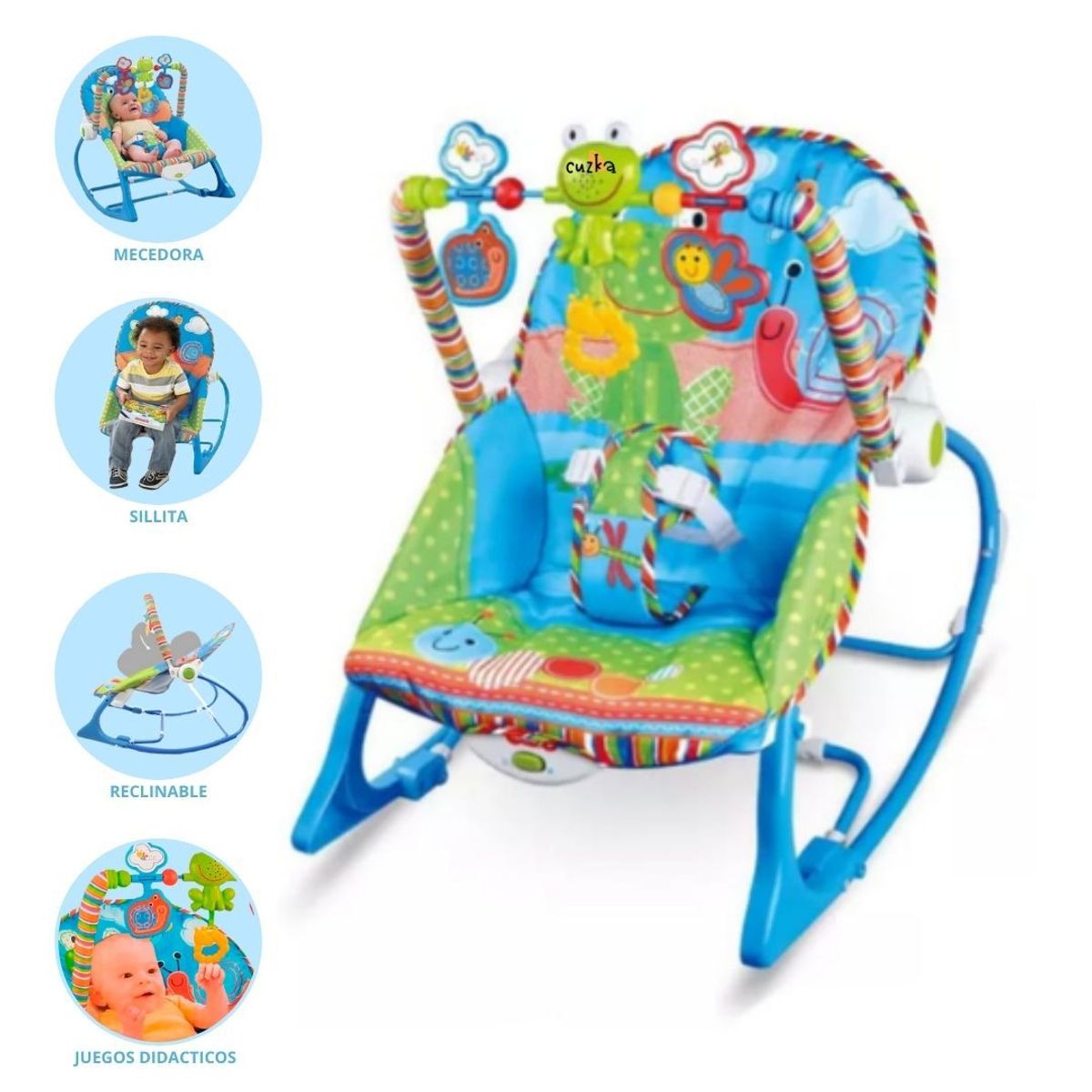 CUZKA - Silla Mecedora Musical Vibrador Para Bebés «RANITA» Blue