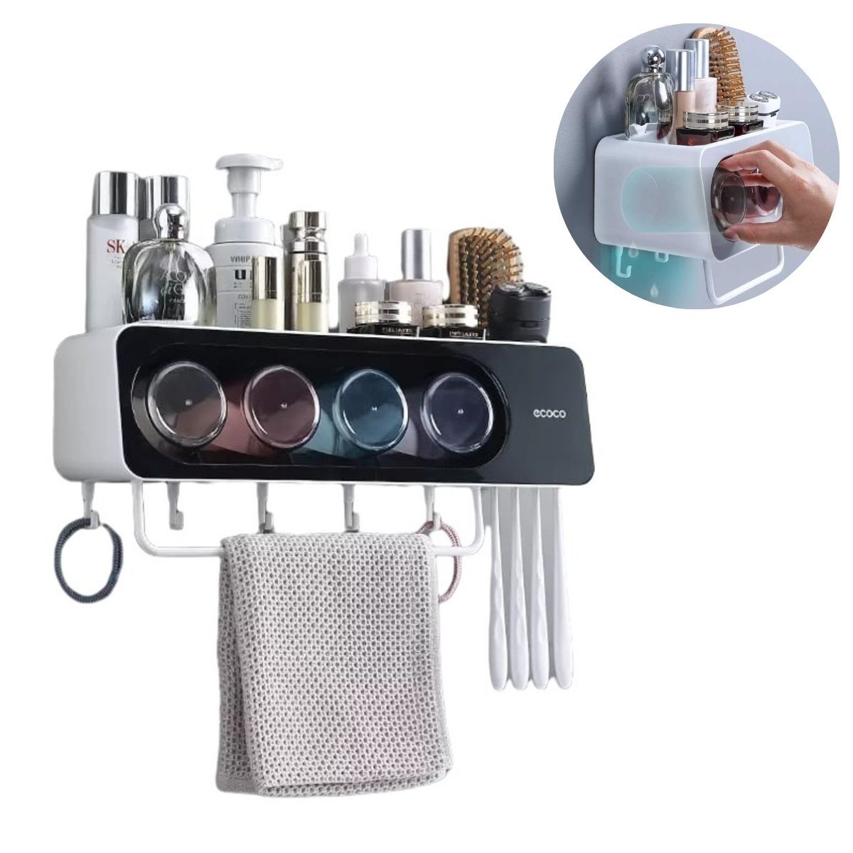 ELMEJORPRECIO - Organizador De Baño Con 4 Vasos Portacepillo y Colgador Ecoco Negro