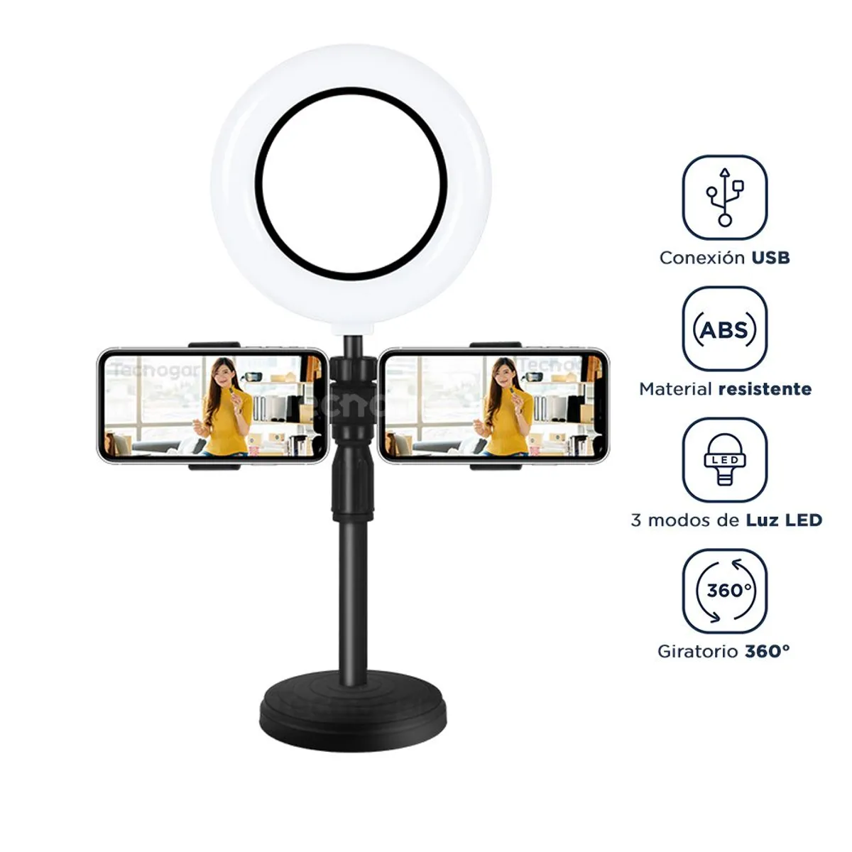 SEISA - Aro de Luz para Escritorio con Base y Soporte para Dos Teléfonos Live