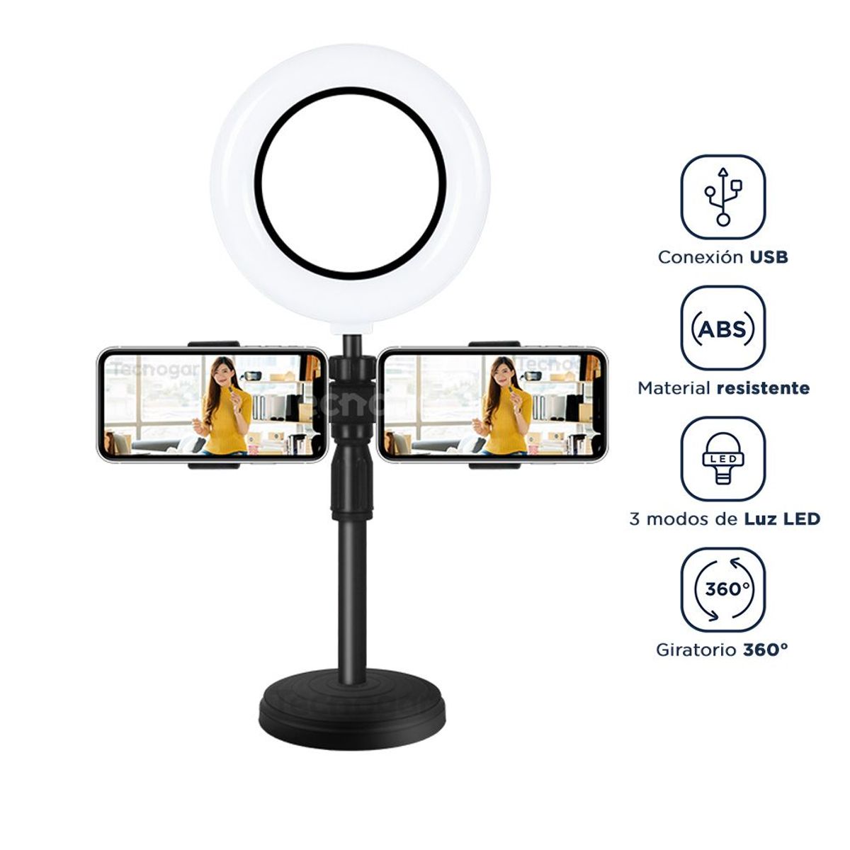 SEISA - Aro de Luz para Escritorio con Base y Soporte para Dos Teléfonos Live