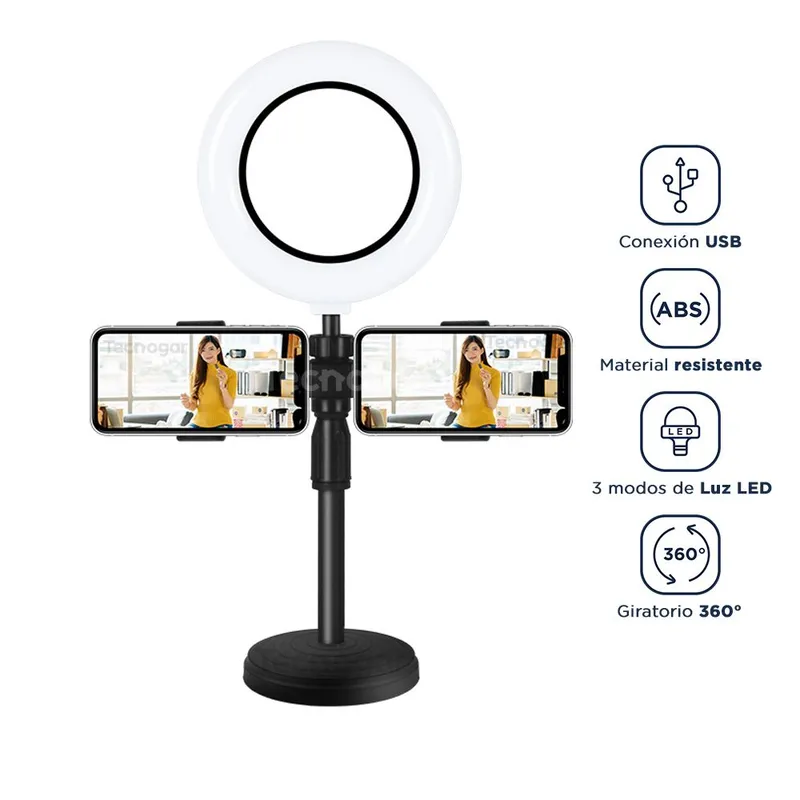 SEISA - Aro de Luz para Escritorio con Base y Soporte para Dos Teléfonos Live