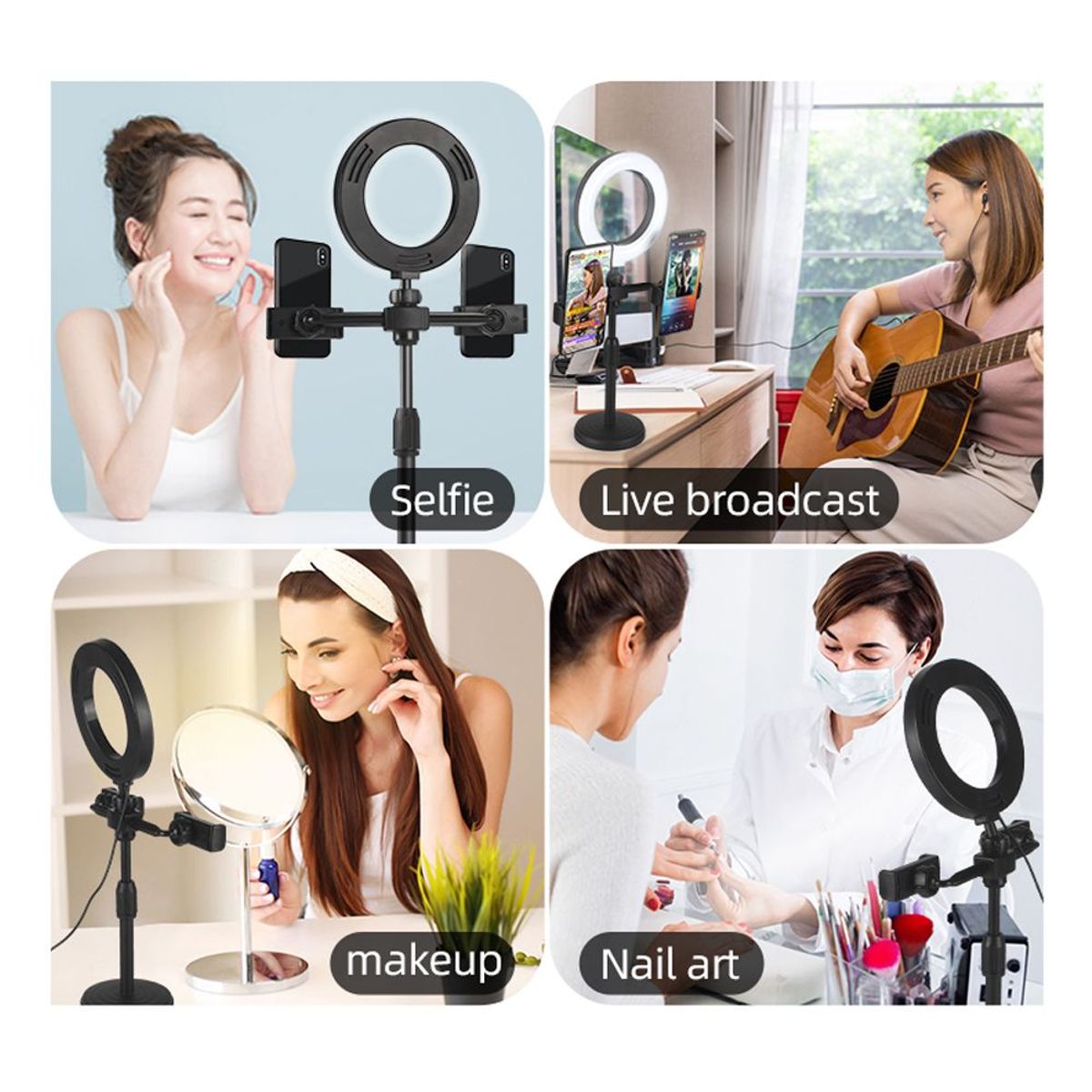 SEISA - Aro de Luz para Escritorio con Base y Soporte para Dos Teléfonos Live