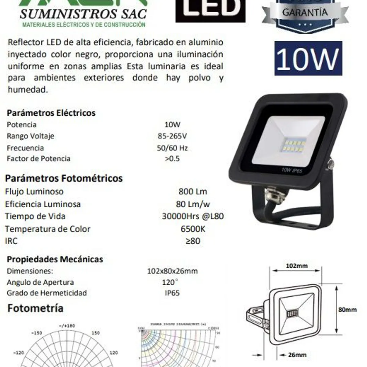 GENERICO - REFLECTOR LED 10W LUZ BLANCO FRIO 6500K IP65 220V