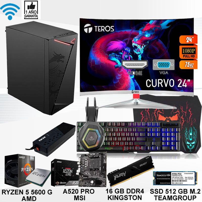 Computadora ryzen 5 5600g ram 16gb ssd 512  monitor curvo 24 full hd