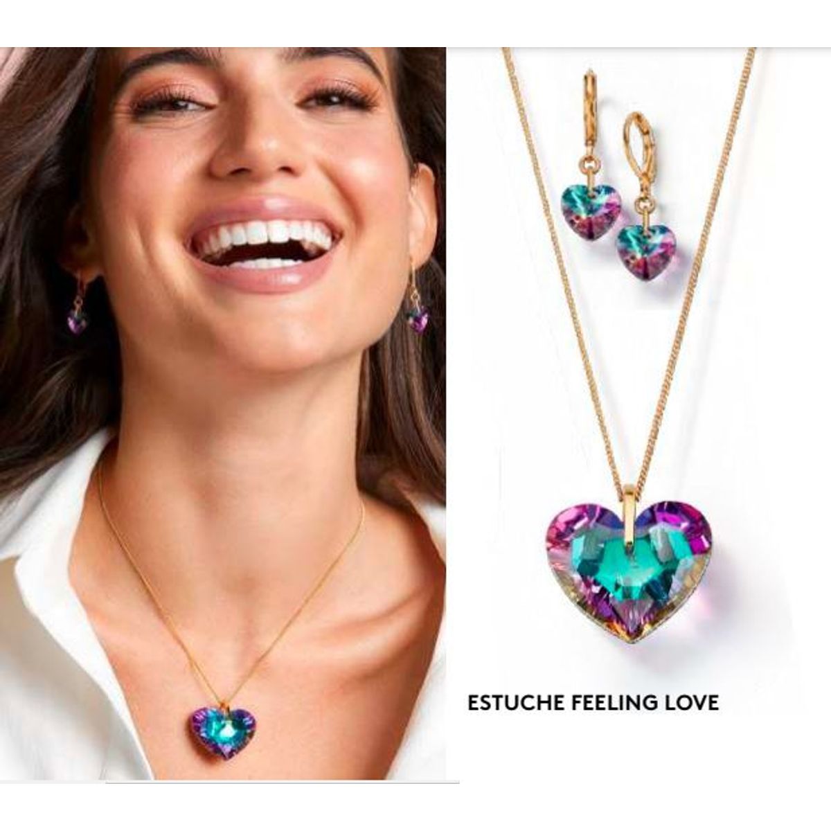 ESIKA - ESTUCHE FEELING LOVE COLLAR  ARETES con Cristales y Baño en Oro