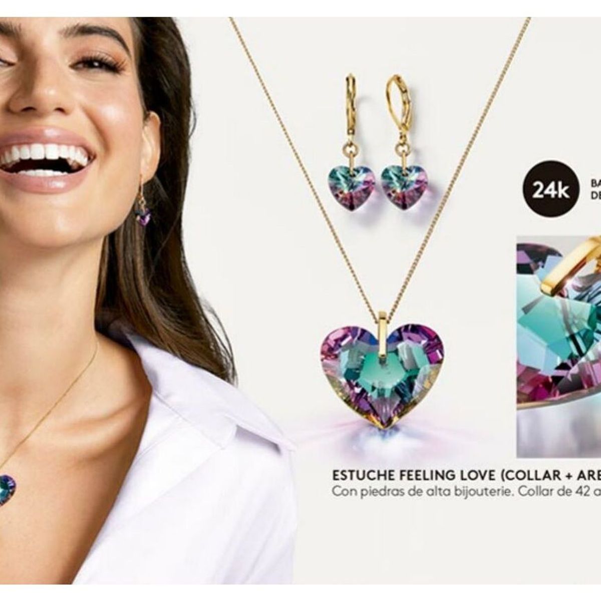 ESIKA - ESTUCHE FEELING LOVE COLLAR  ARETES con Cristales y Baño en Oro