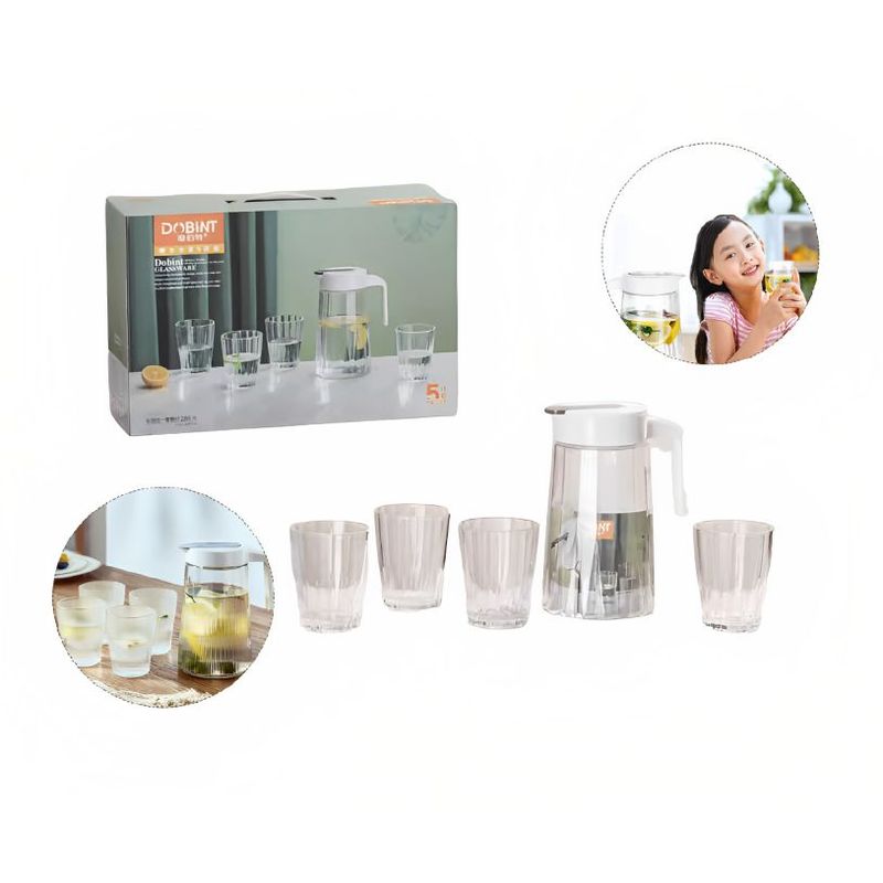GENERICO - Set 1 Jarra + 4 vasos de vidrio Vajilla para bebidas