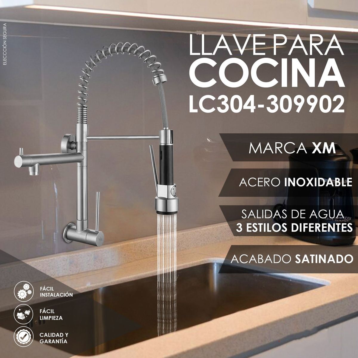 XM - LLAVE DE COCINA DOBLE PICO PARED RETRACTIL SATIANDO LC304-309902