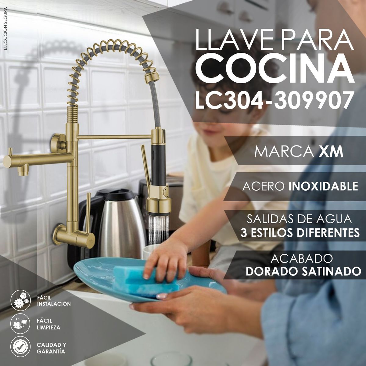 XM - LLAVE DE COCINA DOBLE PICO PARED DORADO RETRACTIL LC304-309907