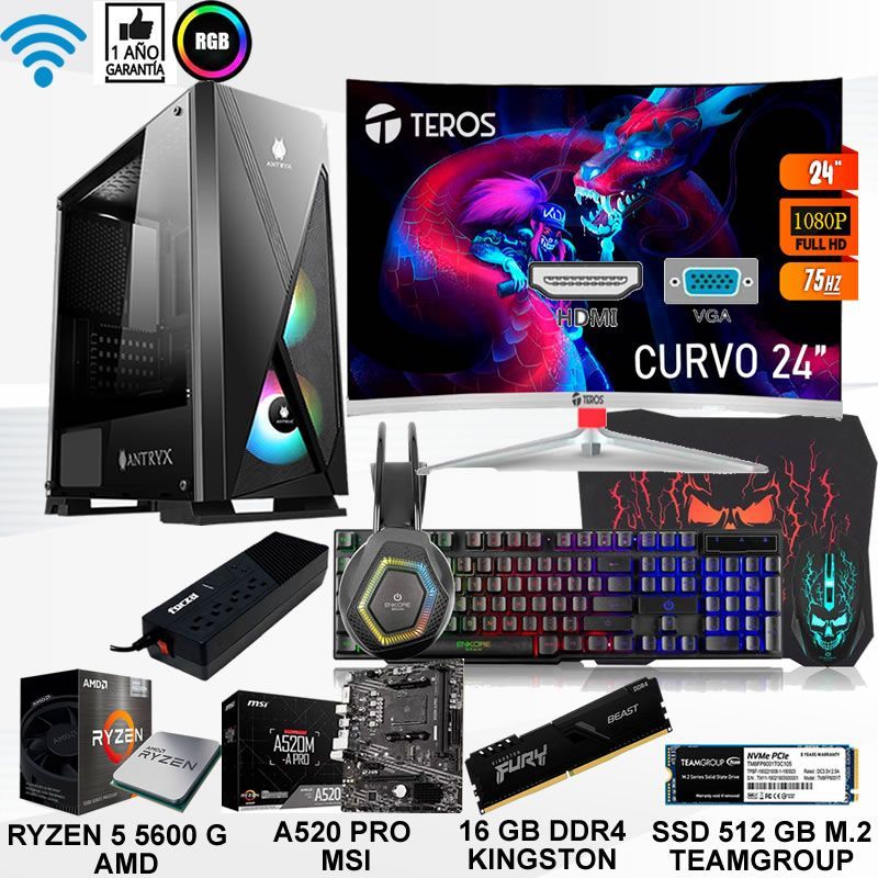 Computadora ryzen 5 5600g ram 16gb ssd 512  monitor curvo 24 full hd