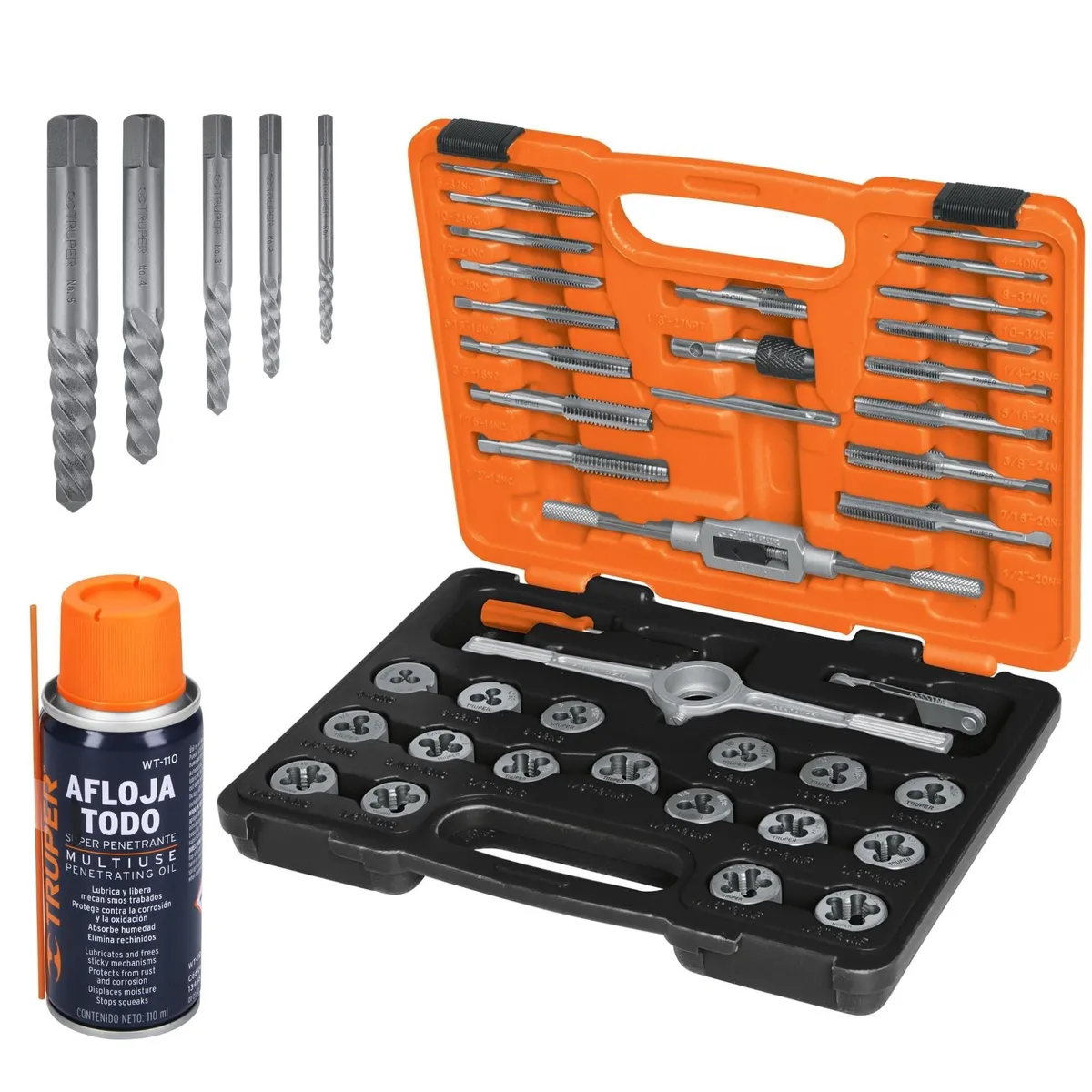 TRUPER - Combo machuelos, tarrajas  39 piezas, 5 extractor de tornillos, 1 afloja todo.