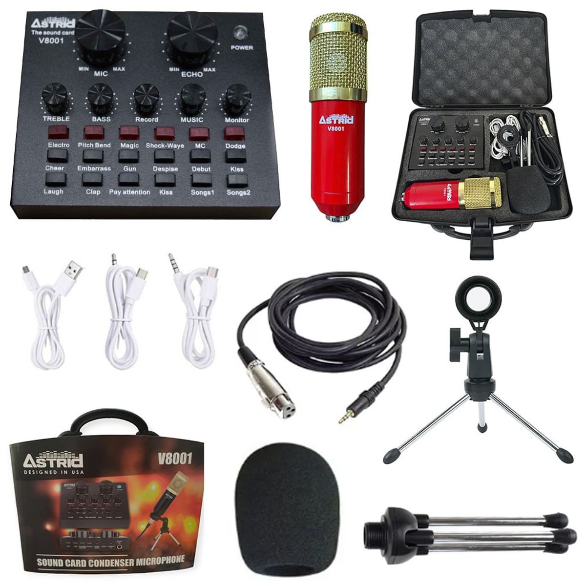 GENERICO - Kit tarjeta de sonido V8 microfono condensador mini tripode maletin