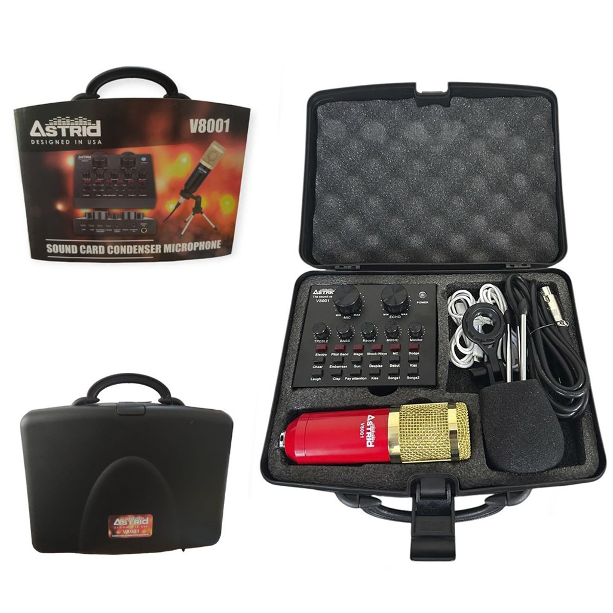 GENERICO - Kit tarjeta de sonido V8 microfono condensador mini tripode maletin