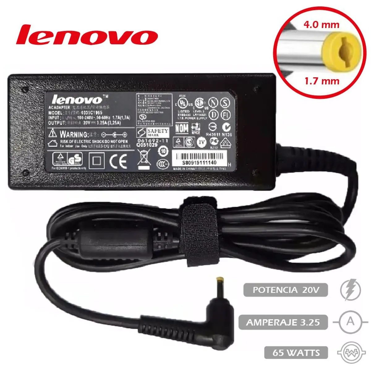 GENERICO - Cargador Genérico Lenovo 20v 3.25a 65w 4.0 x 1.7mm