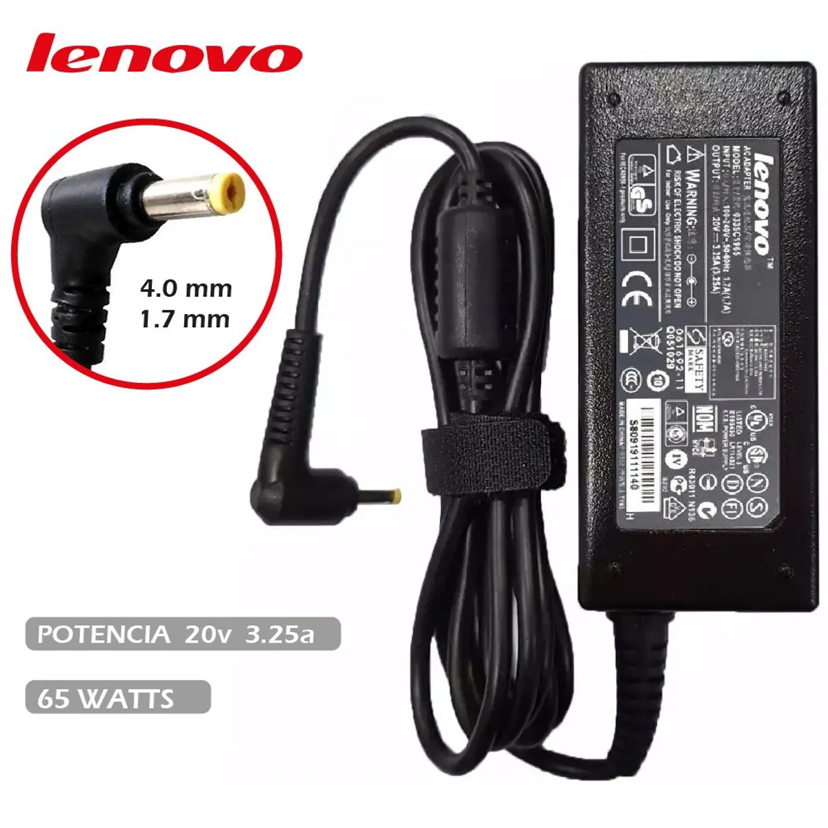 GENERICO - Cargador Compatible Laptop Lenovo 20v 3.25a 65w 4.0 x 1.7mm